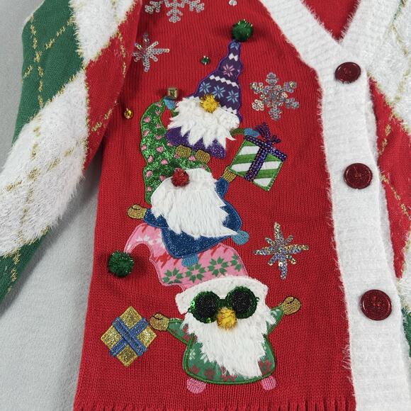 Holiday Time Women’s Christmas Argyle Gnome Cardigan Sweater S Red Green White - Picture 2 of 14